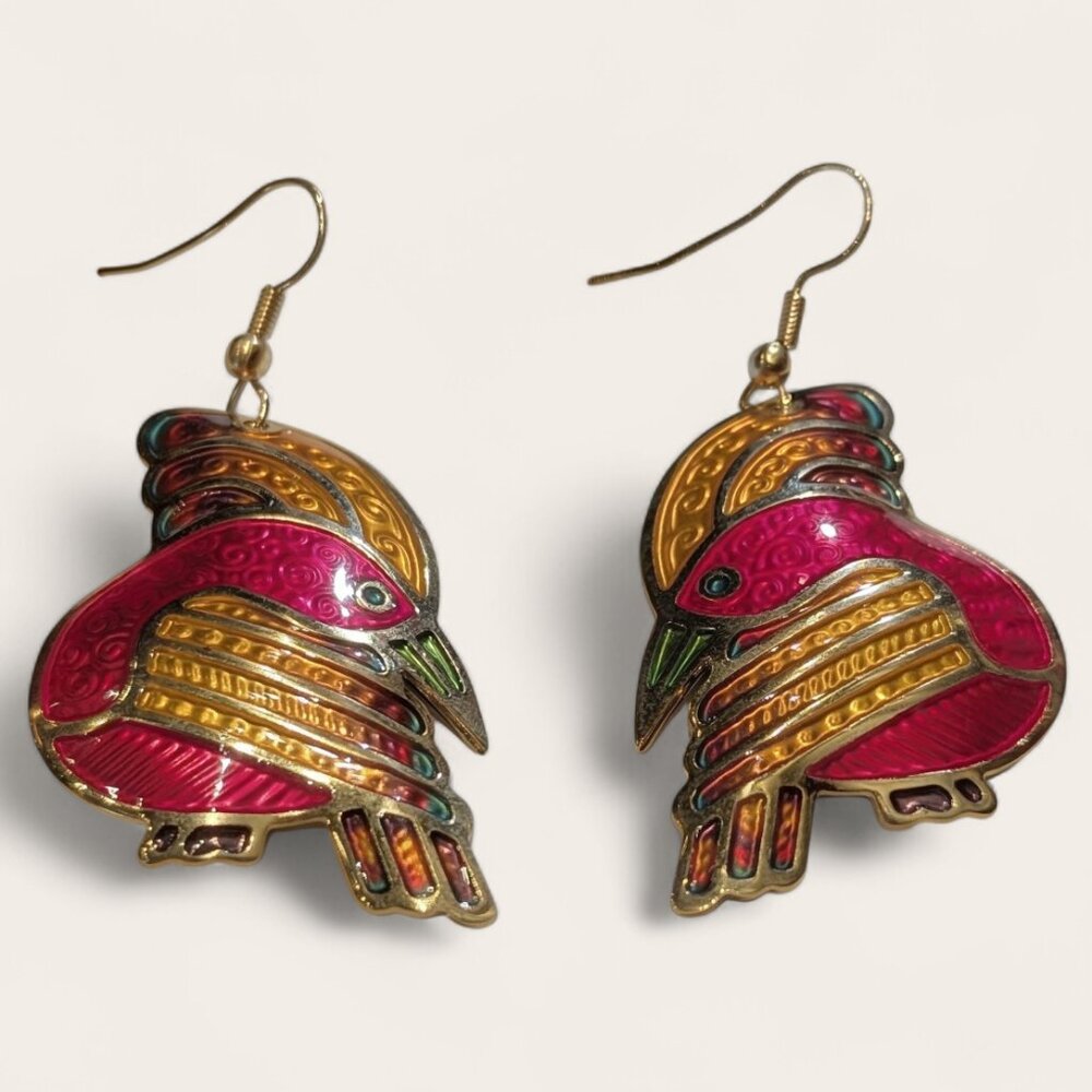 Vintage 1980s Designer Signed Barebi Enamel and Gold Plated Bird Earrings